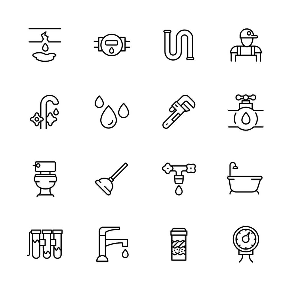 Illustrated plumbing icons, including pipes, a  cracked pipe, a wrench, a plumber, a faucet, a tub, a plunger, a toilet, and meters