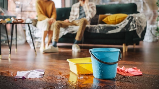 homeowners looking at buckets catching a leak