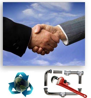 Shaking Hands on top of the recycle symbol with the earth in the middle of it and a square made of pipes with a red wrench in the center of it
